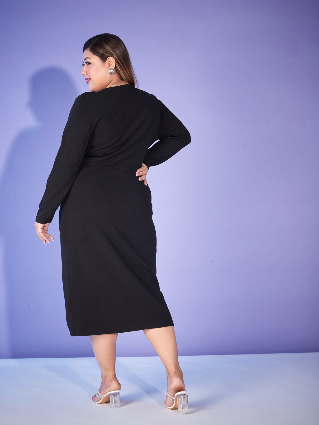 Black Front Wrap Bodycon Midi Dress-SASSAFRAS Curve