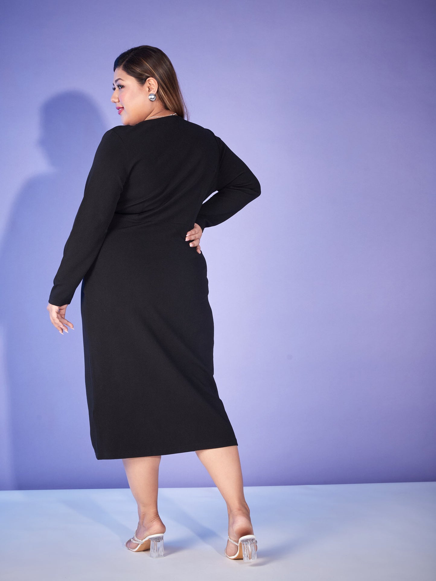 Black Front Wrap Bodycon Midi Dress-SASSAFRAS Curve