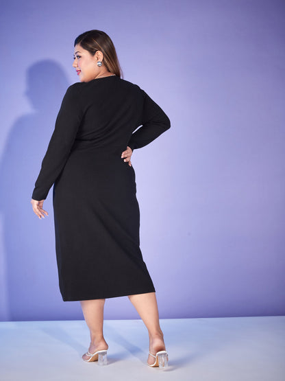 Black Front Wrap Bodycon Midi Dress-SASSAFRAS Curve