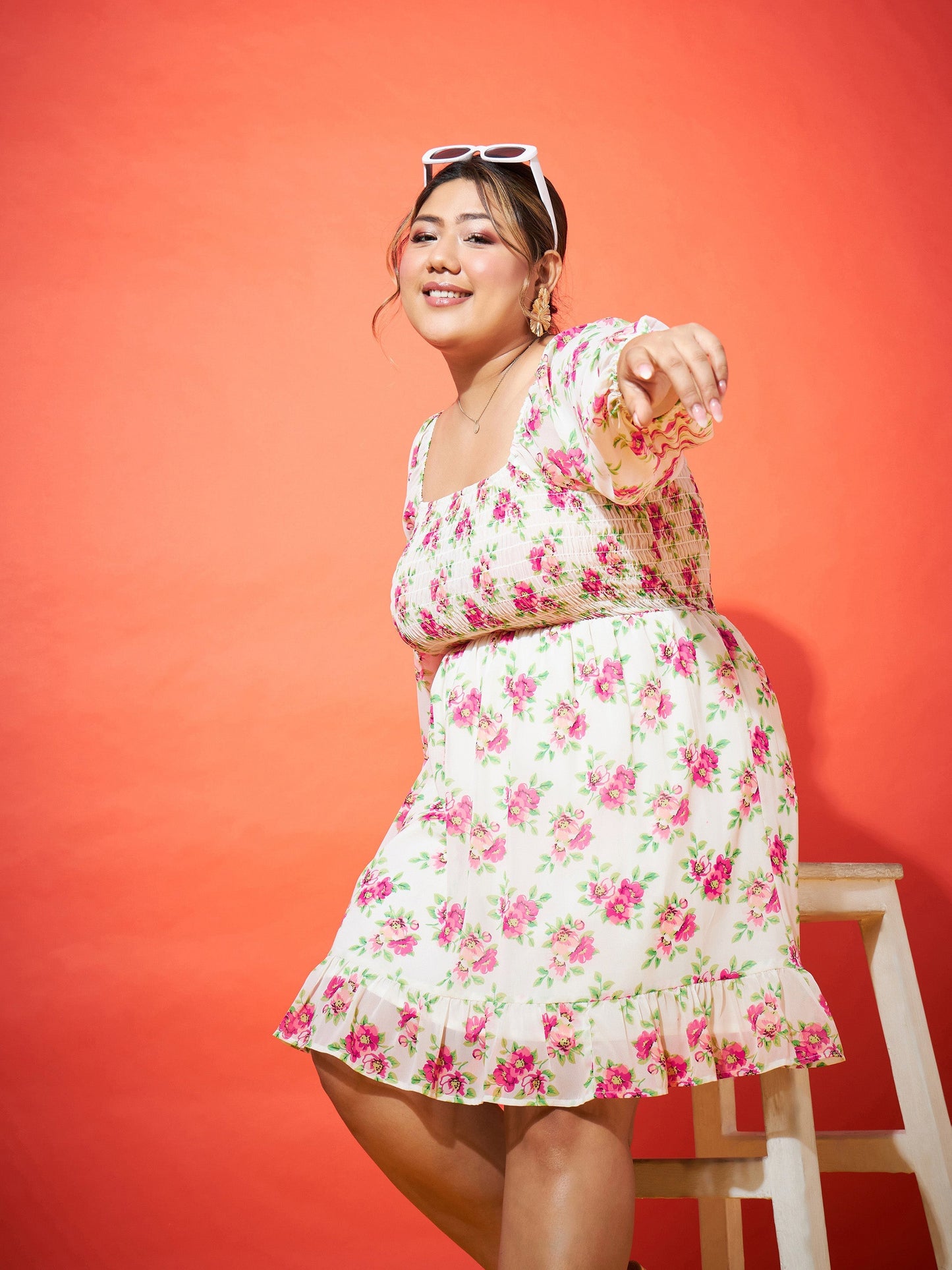 White Floral Smocking Mini Dress