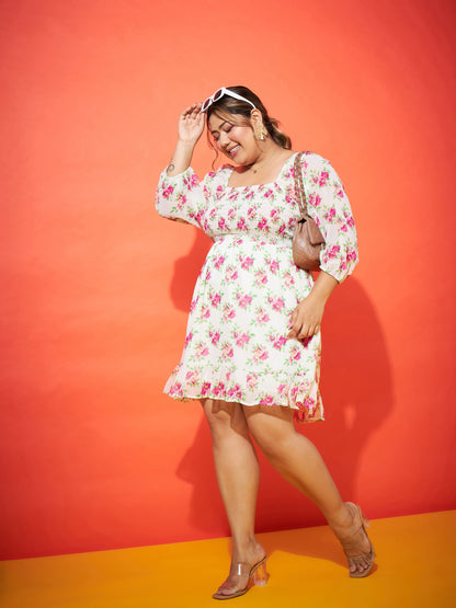 White Floral Smocking Mini Dress