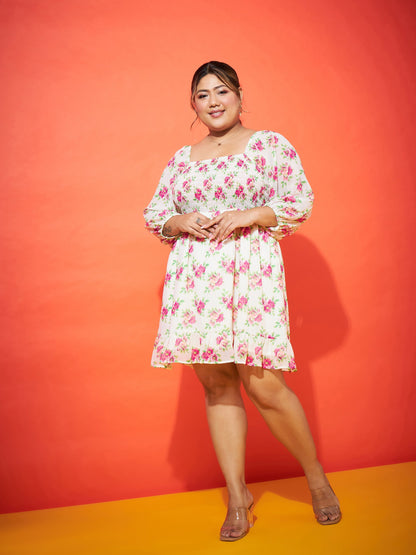 White Floral Smocking Mini Dress
