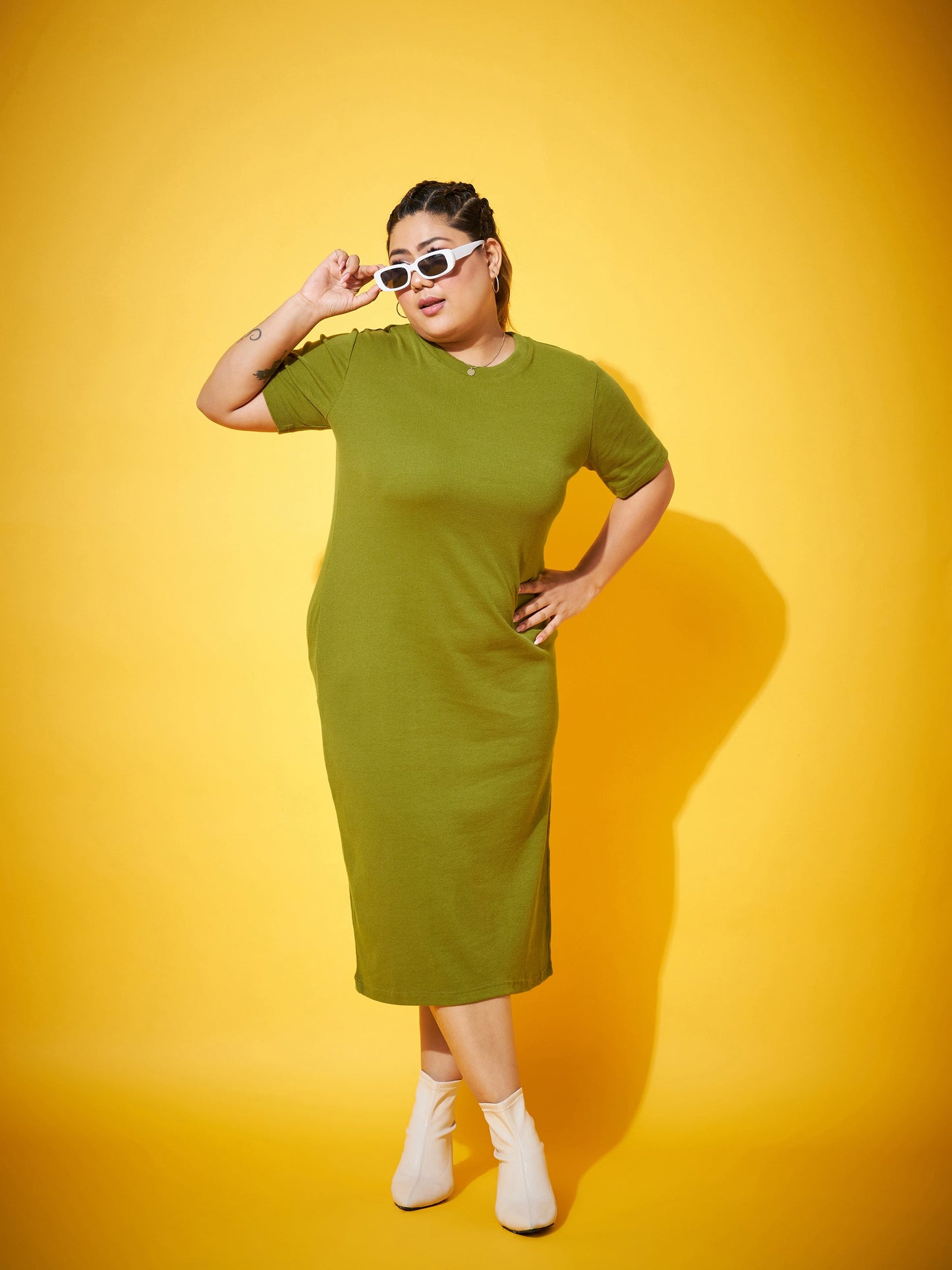 Olive Side Slit Straight Midi Dress