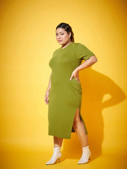 Olive Side Slit Straight Midi Dress