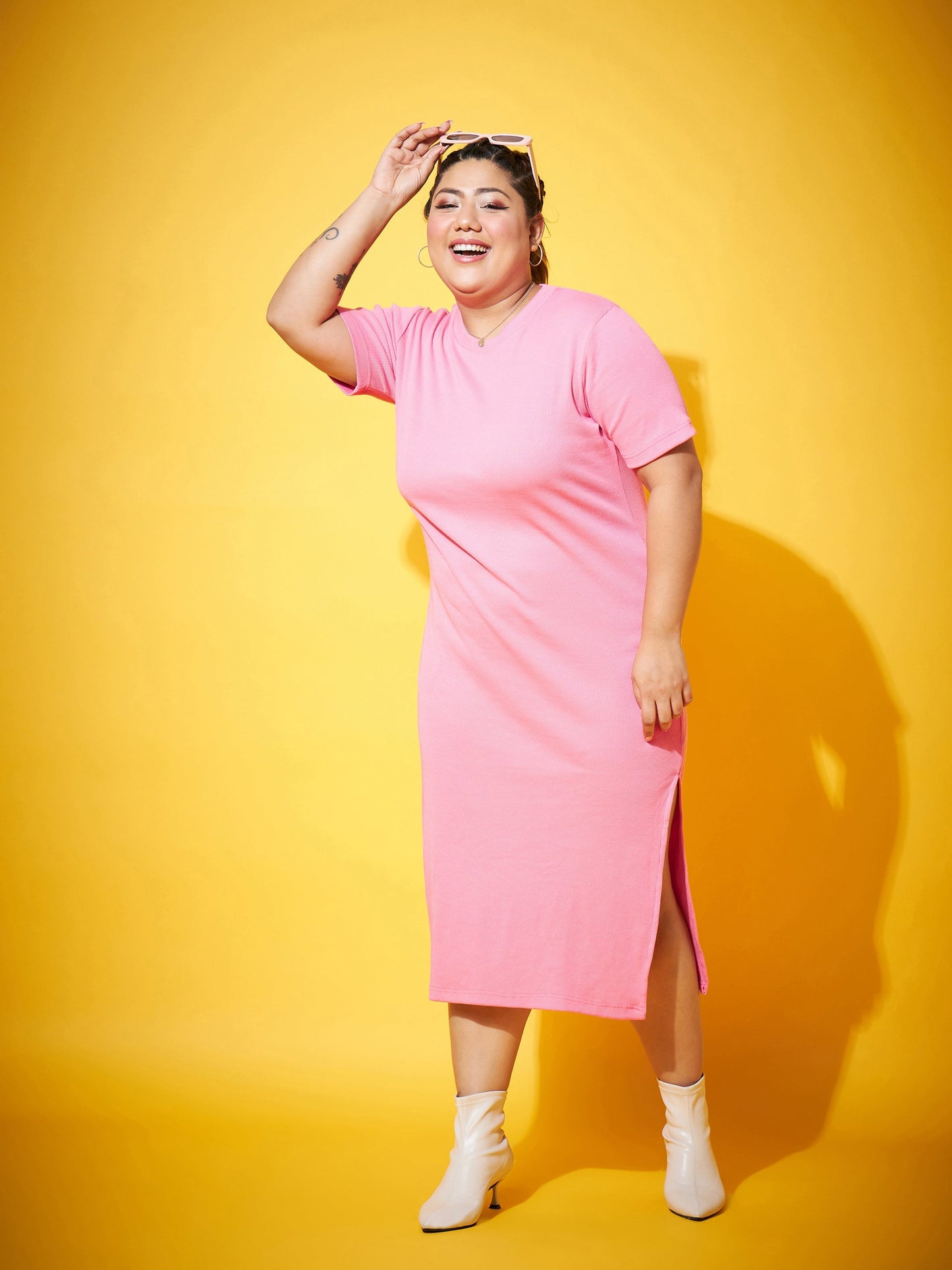 Pink Side Slit Straight Midi Dress