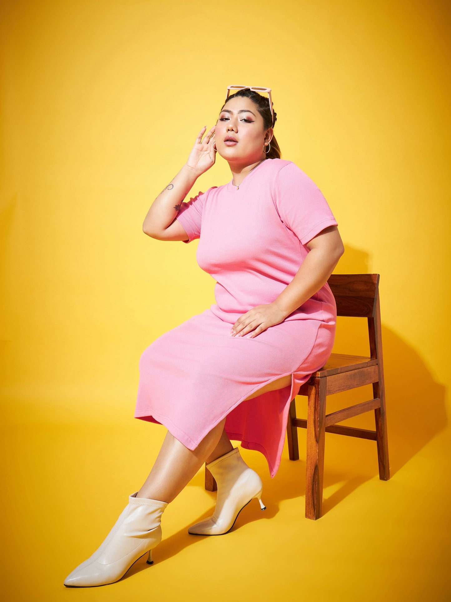 Pink Side Slit Straight Midi Dress