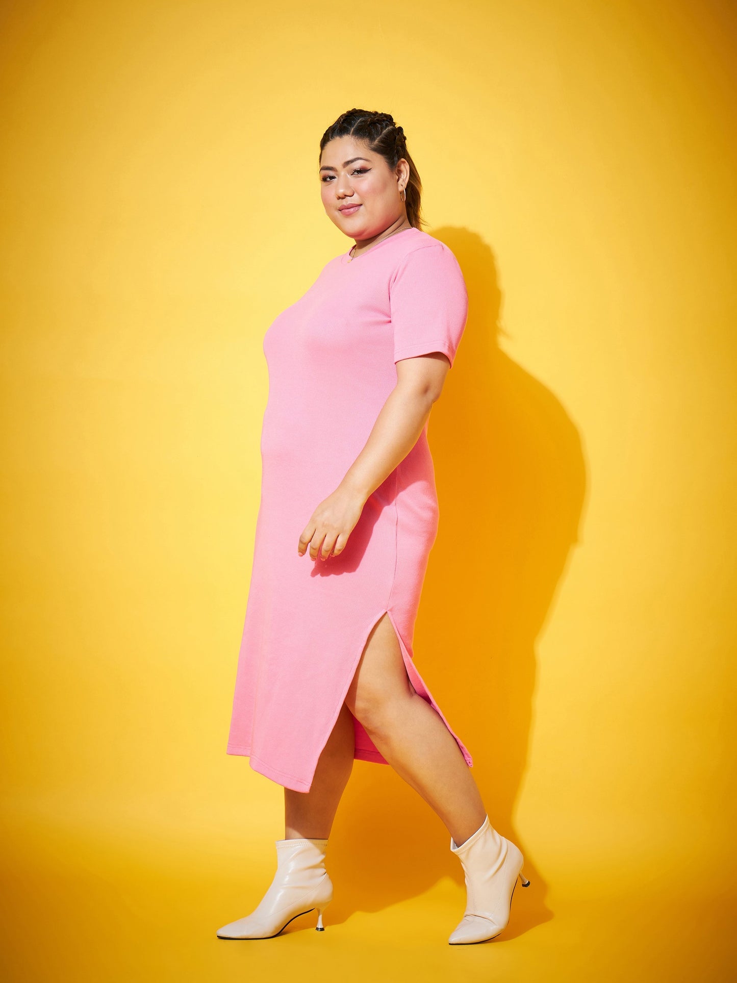 Pink Side Slit Straight Midi Dress