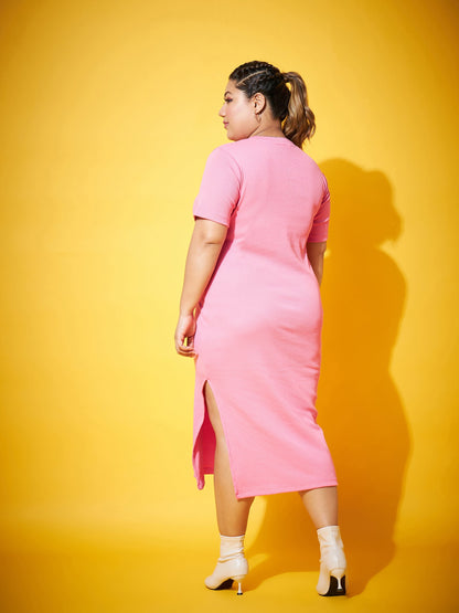 Pink Side Slit Straight Midi Dress