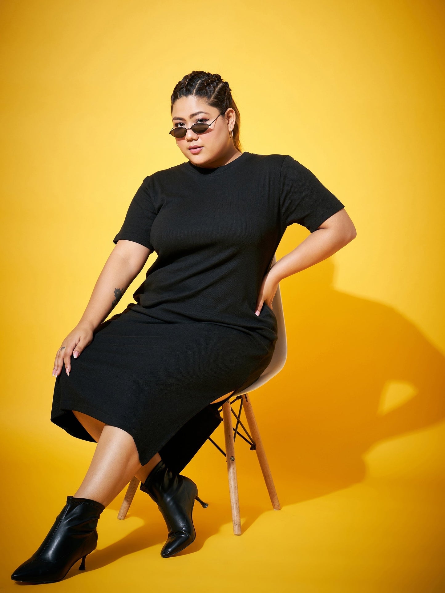Plus size women's Black Cotton Black Side Slit Straight Midi Dress by Sassafras Curve for wholesale buyers, boutiques, resellers and bulk orders from