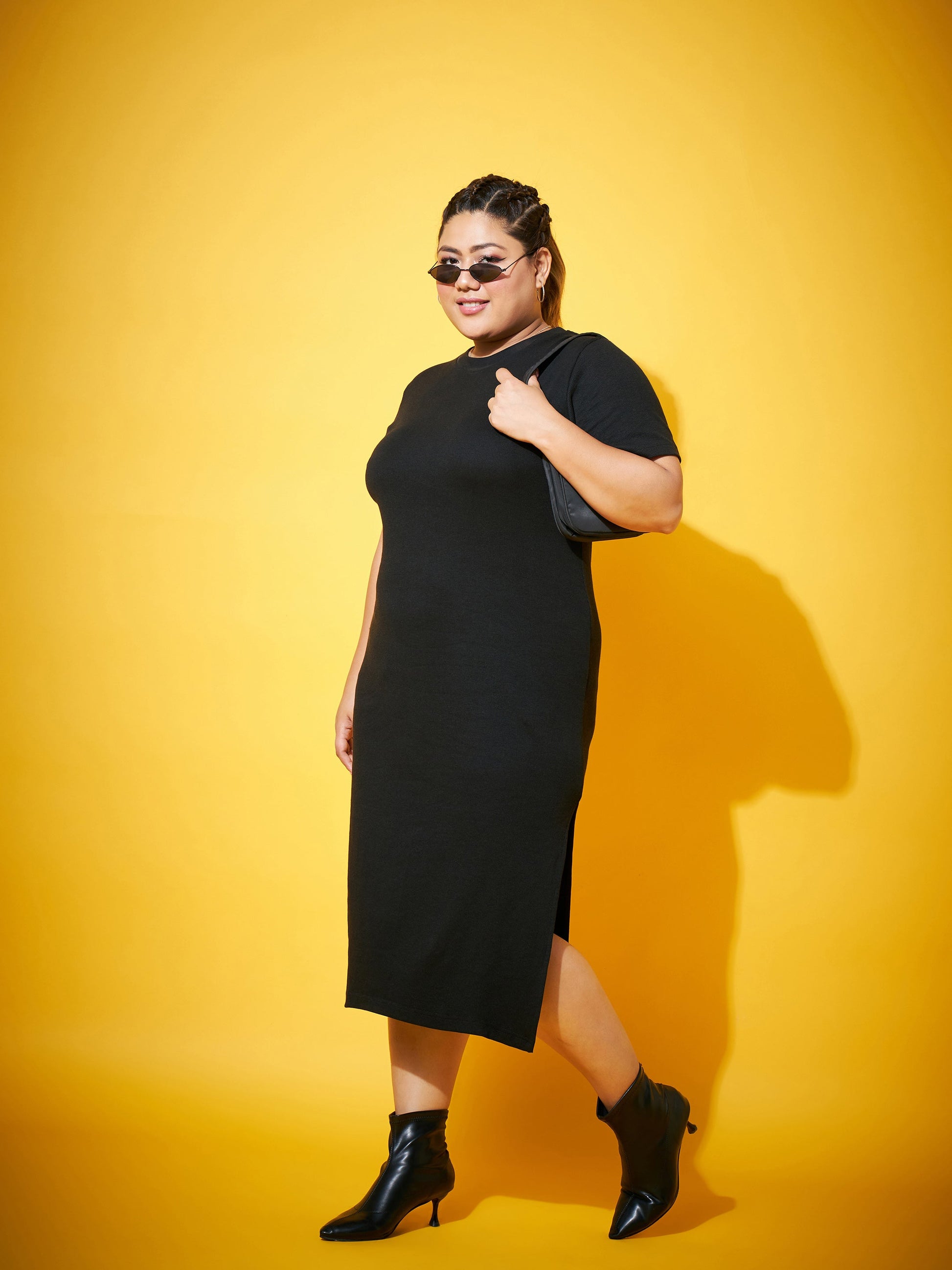 Black Side Slit Straight Midi Dress-SASSAFRAS Curve