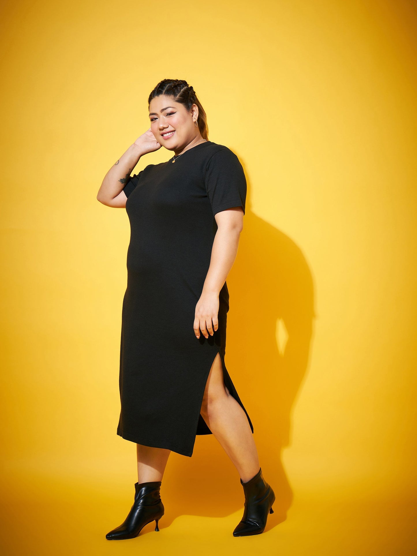 Black Side Slit Straight Midi Dress-SASSAFRAS Curve