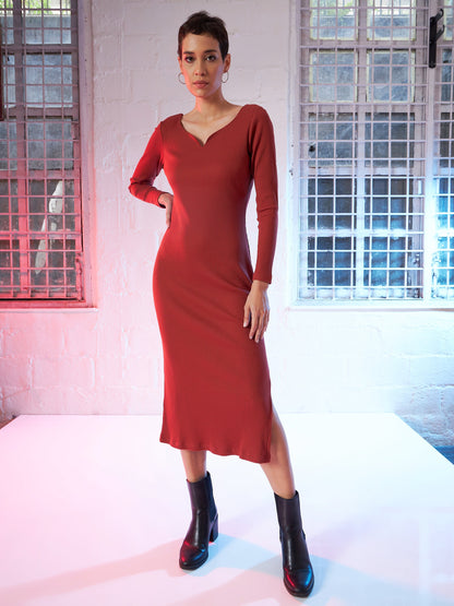 Rust Rib Sweetheart Neck Midi Dress