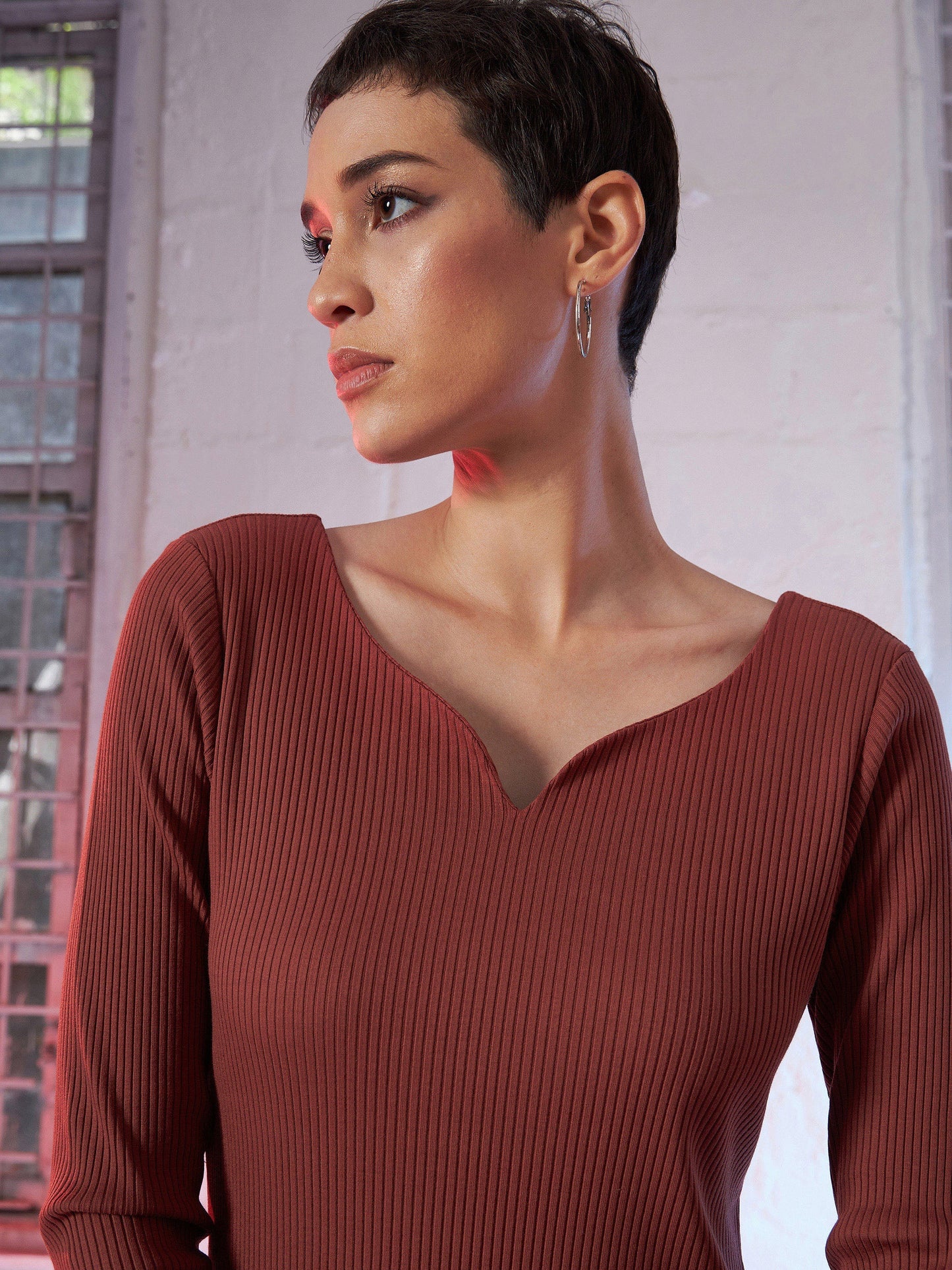 Rust Rib Sweetheart Neck Midi Dress