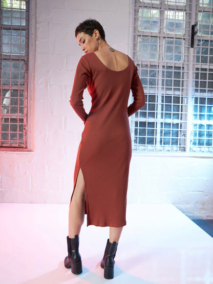 Rust Rib Sweetheart Neck Midi Dress