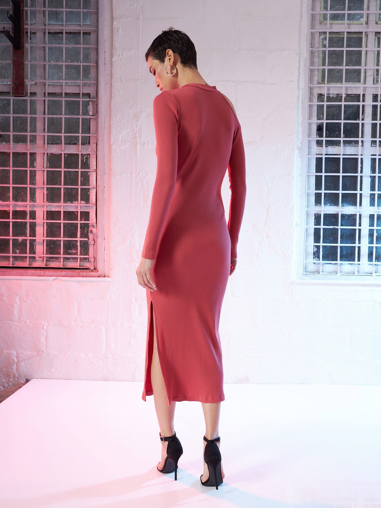 Rose Pink High Neck Shoulder Cut Out Midi Dress