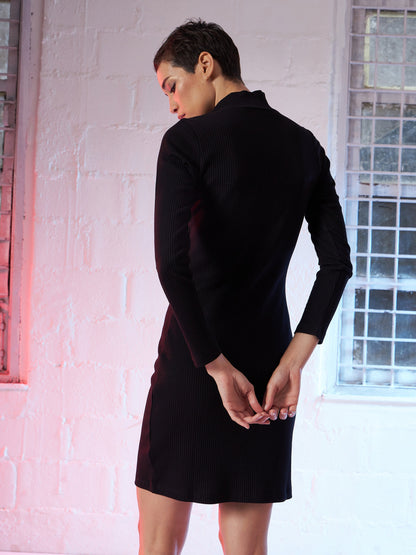 Black Rib Front Zipper Short Bodycon Dress