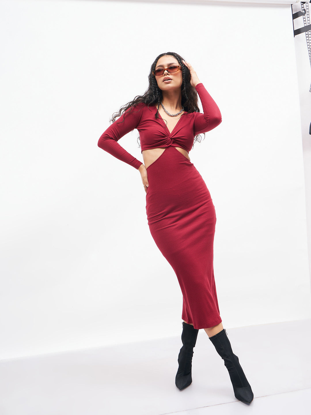 Women's Women Maroon Rib Waist Cut Out Maxi Dress in Cotton by Sassafras for wholesale, bulk, supplier, manufacturer and wholesaler buyers from Trendphoria