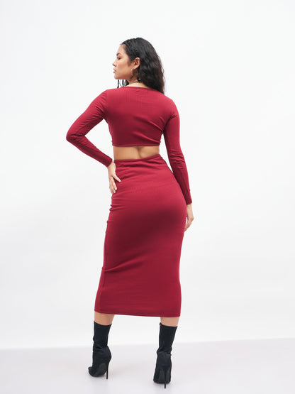 Women Maroon Rib Waist Cut Out Maxi Dress