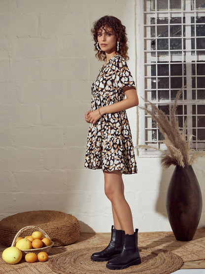 Beige Abstract Print Short Tiered Dress