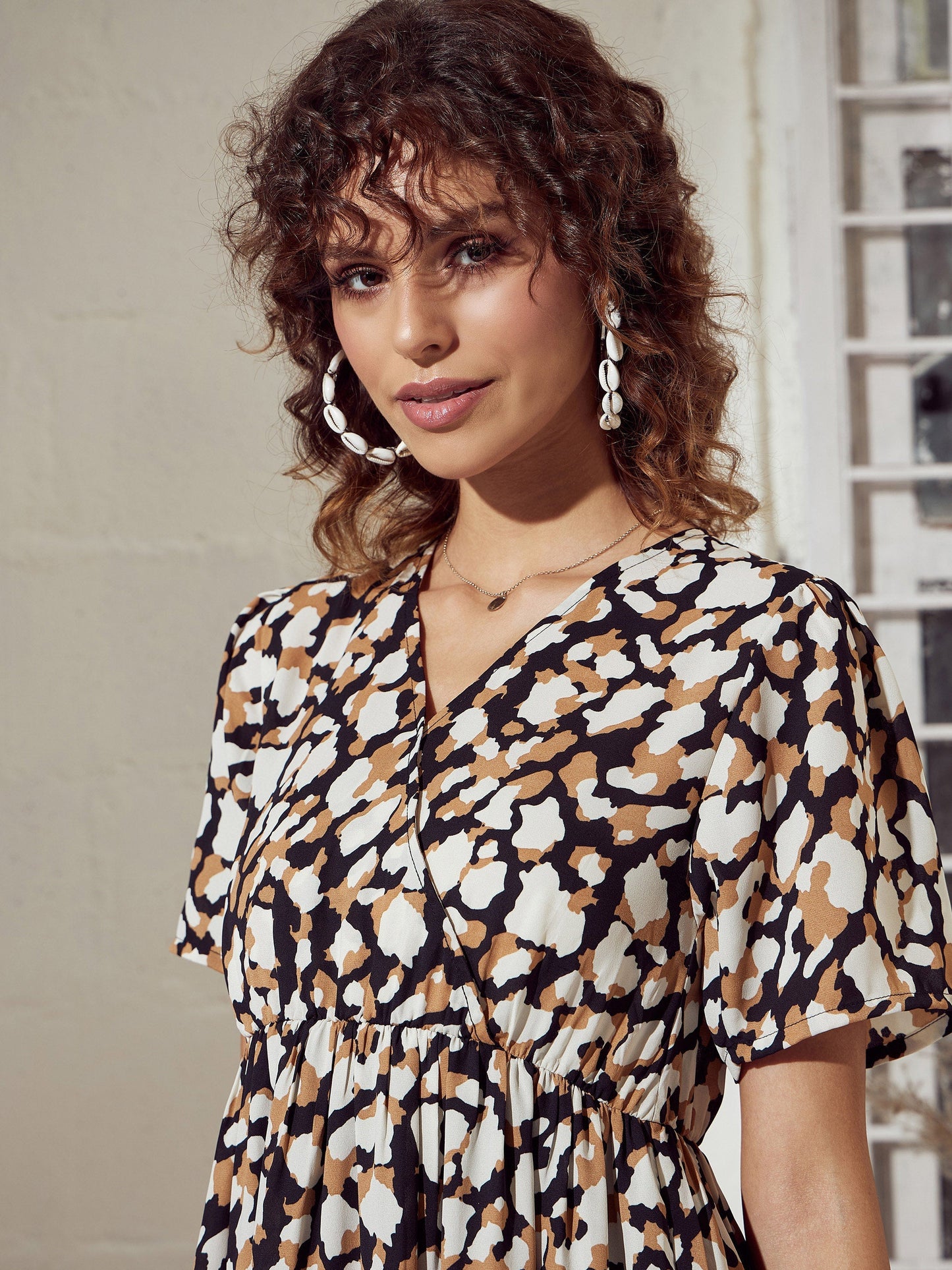 Beige Abstract Print Short Tiered Dress