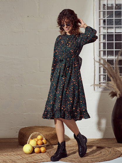 Green Ditsy Floral Belted Midi Dress