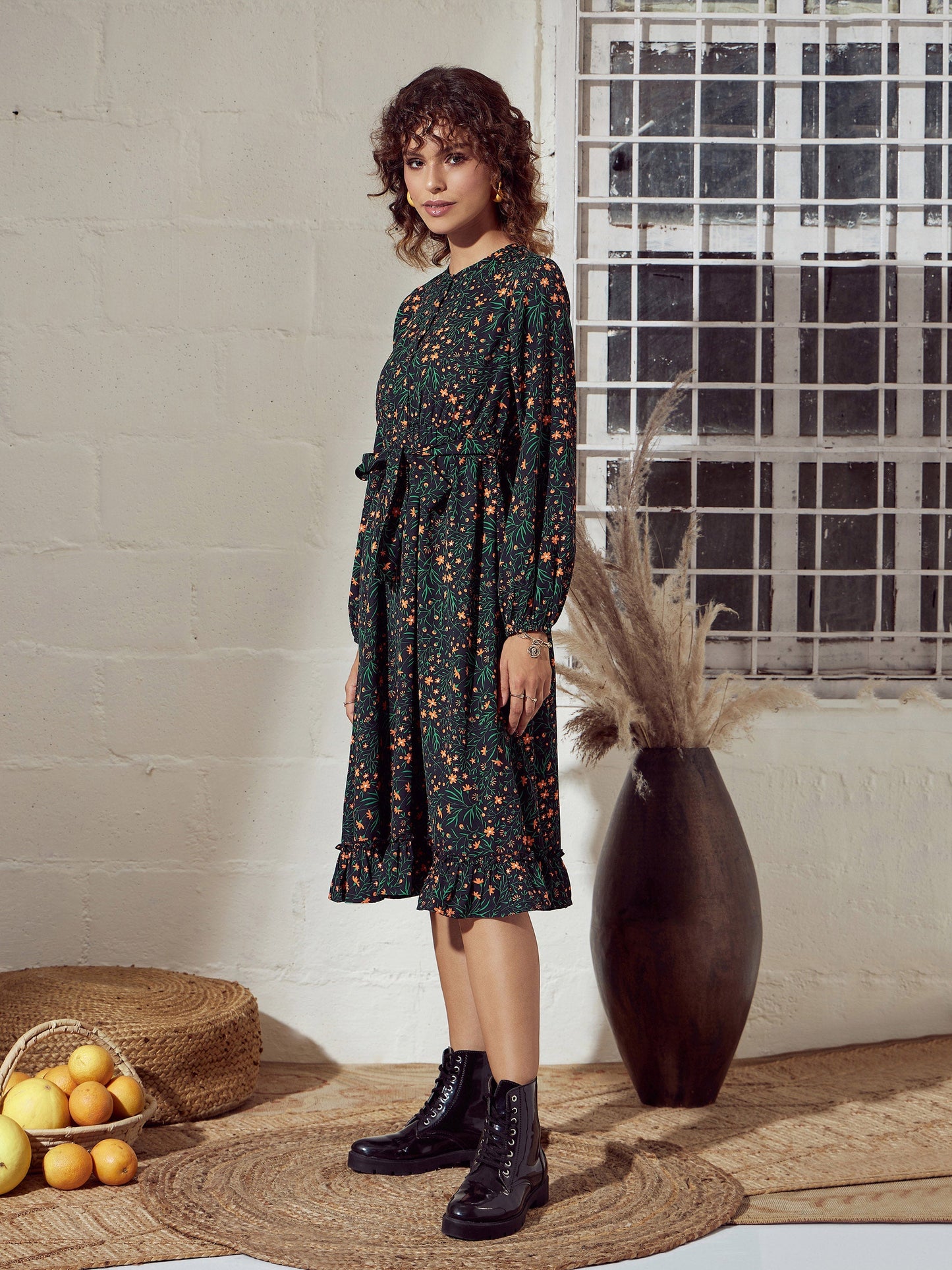 Green Ditsy Floral Belted Midi Dress