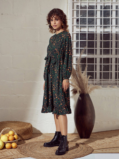Green Ditsy Floral Belted Midi Dress