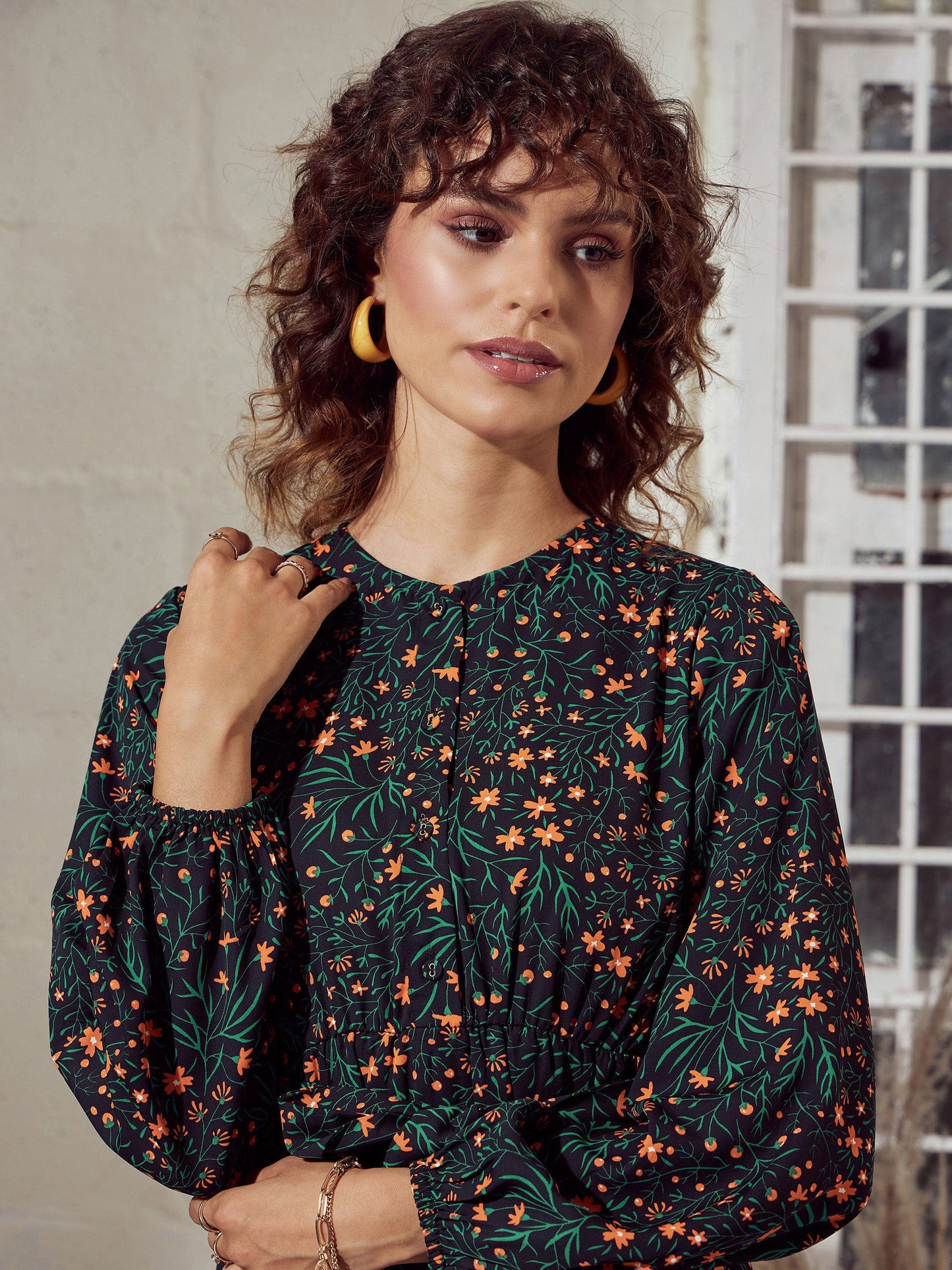 Green Ditsy Floral Belted Midi Dress