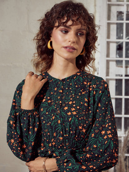 Green Ditsy Floral Belted Midi Dress