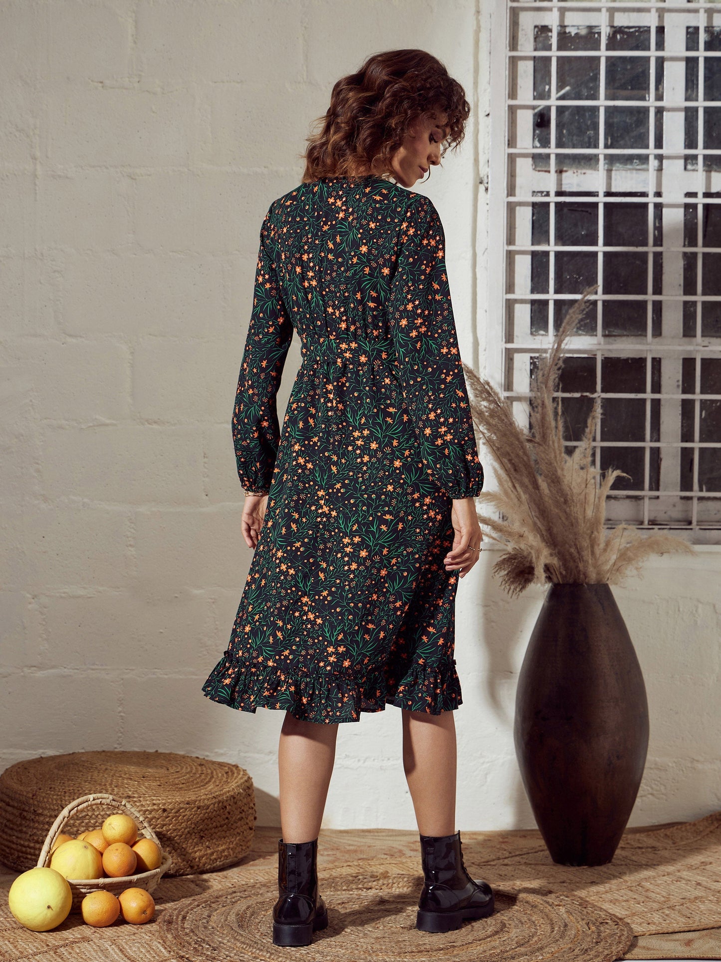 Green Ditsy Floral Belted Midi Dress
