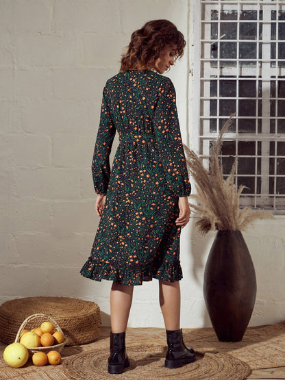 Green Ditsy Floral Belted Midi Dress