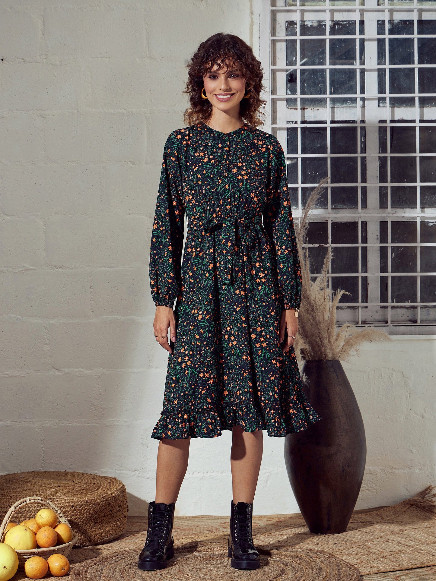Green Ditsy Floral Belted Midi Dress