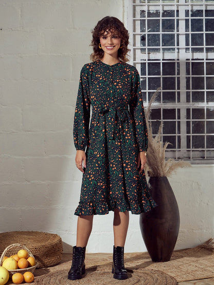 Green Ditsy Floral Belted Midi Dress