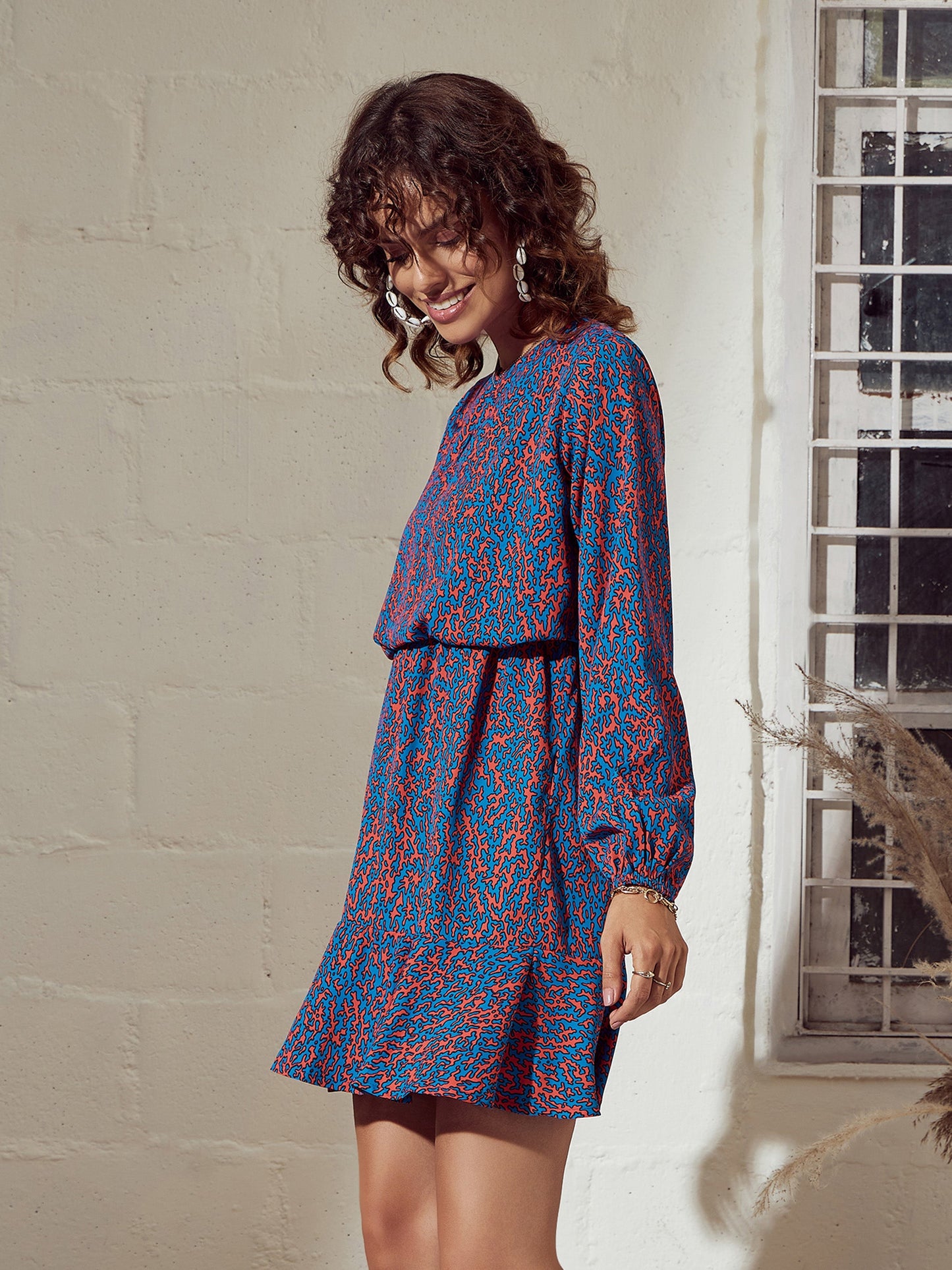Blue Abstract Frill Hem Mini Dress