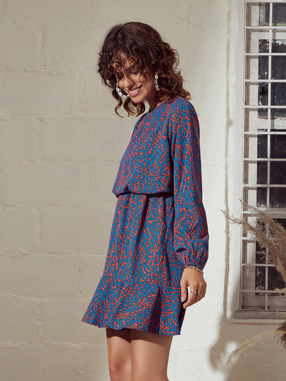 Blue Abstract Frill Hem Mini Dress