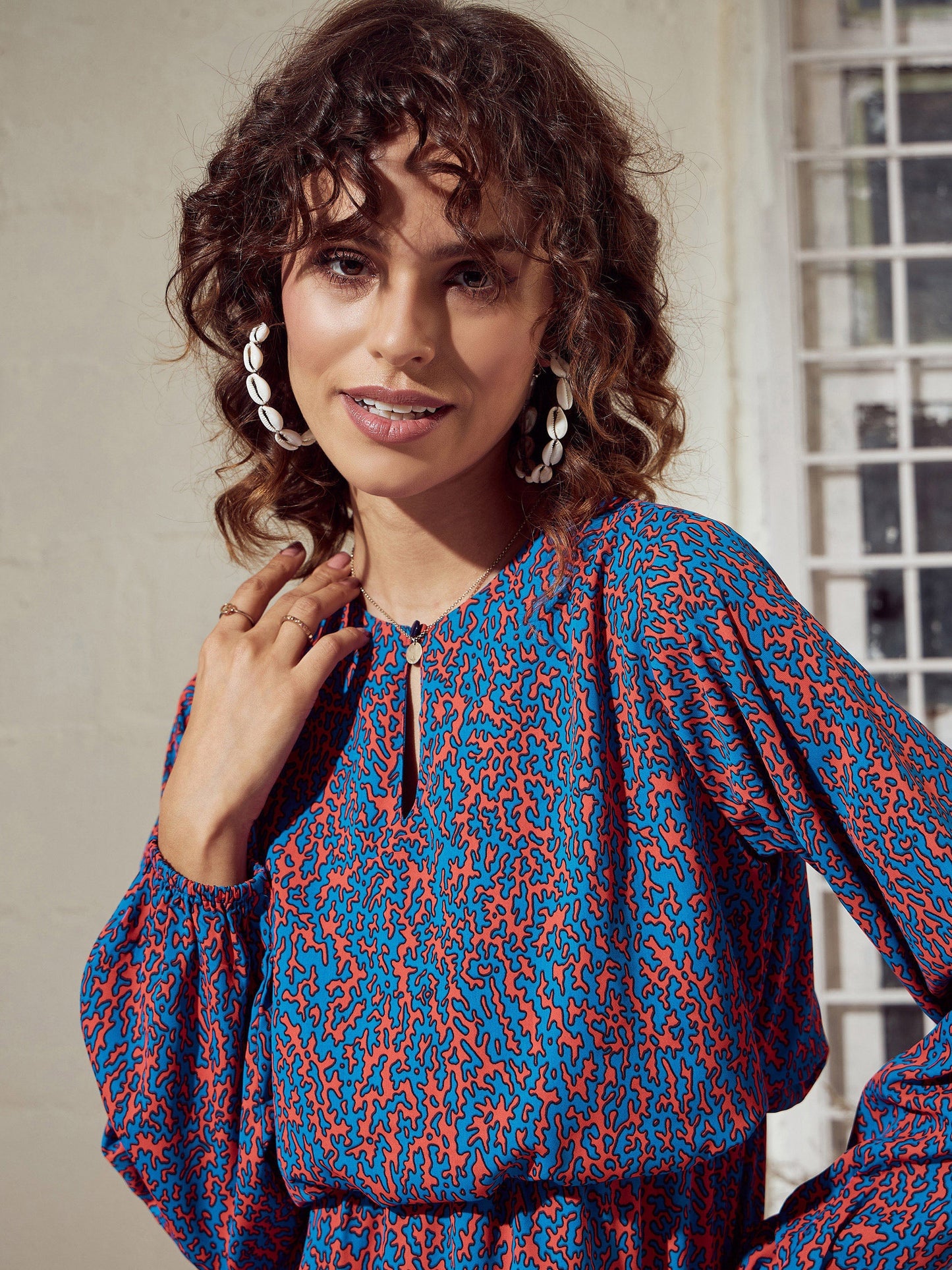 Blue Abstract Frill Hem Mini Dress