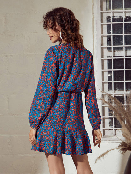 Blue Abstract Frill Hem Mini Dress