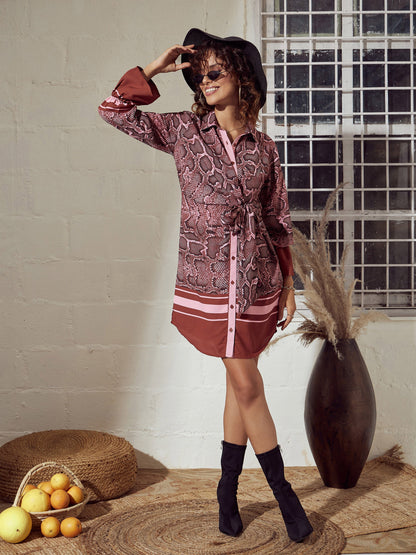 Pink Snake Print Front Tie Shirt Dress