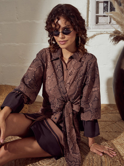 Brown Snake Print Front Tie Shirt Dress