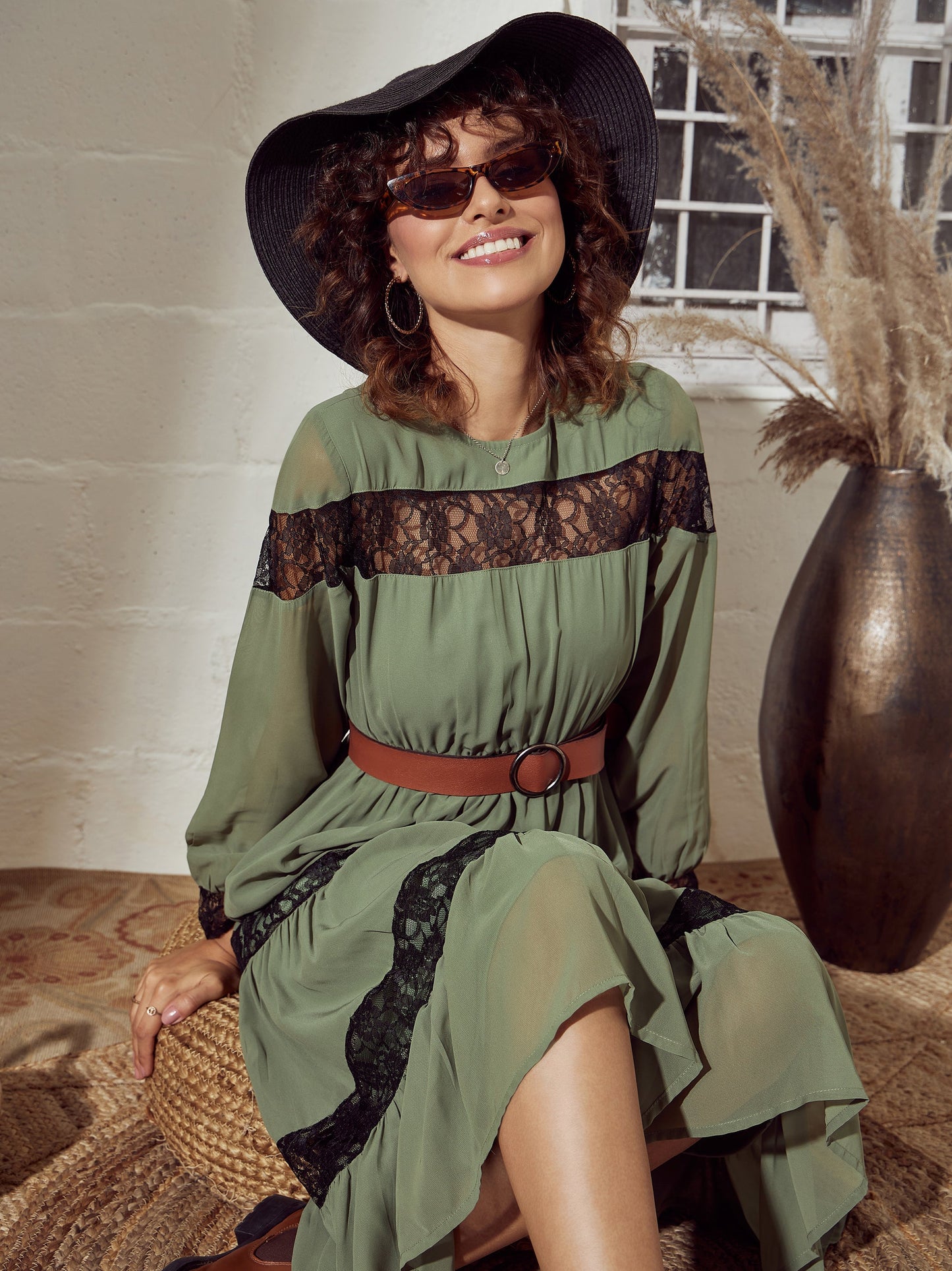 Olive Lace Insert Tiered Midi Dress