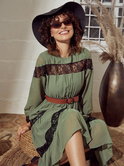 Olive Lace Insert Tiered Midi Dress