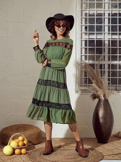 Olive Lace Insert Tiered Midi Dress
