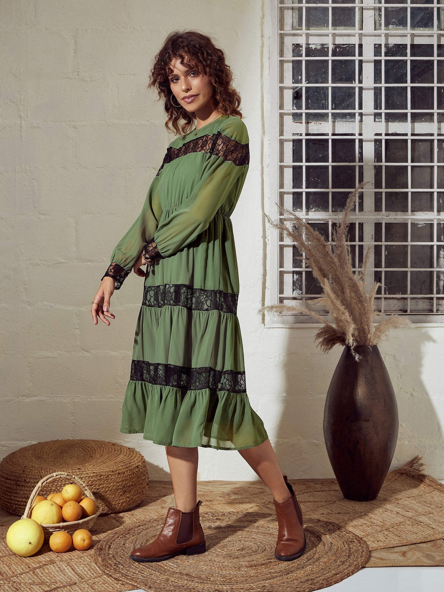 Olive Lace Insert Tiered Midi Dress