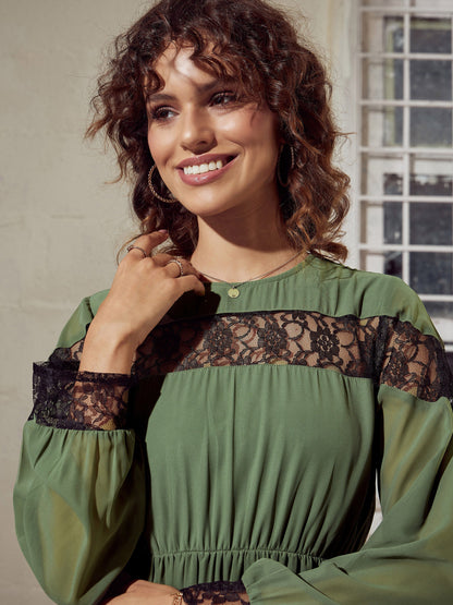 Olive Lace Insert Tiered Midi Dress