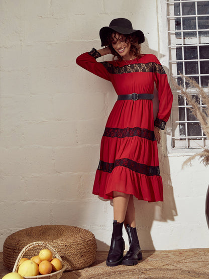 Red Lace Insert Tiered Midi Dress