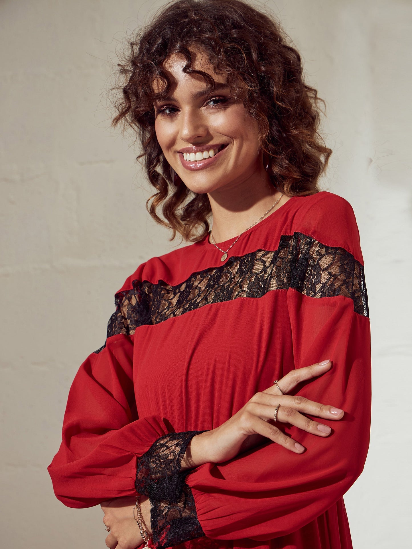 Red Lace Insert Tiered Midi Dress
