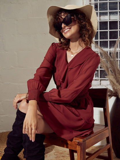 Rust Smoked Waist Flared Mini Dress