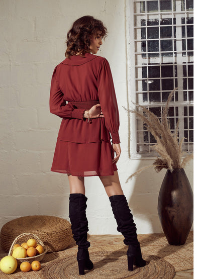 Rust Smoked Waist Flared Mini Dress
