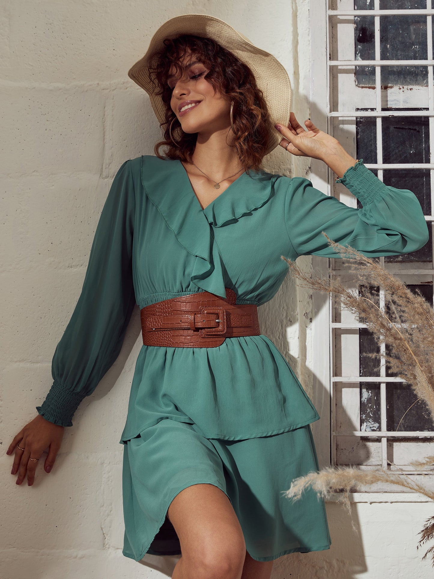 Sea Green Smoked Waist Flared Mini Dress