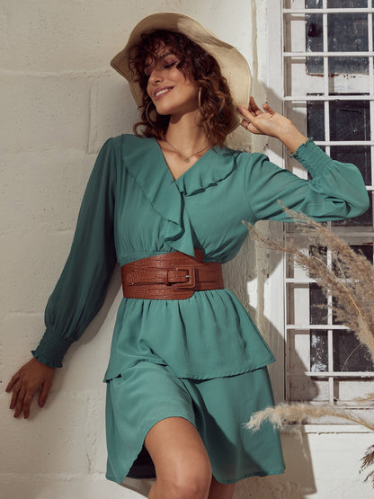 Sea Green Smoked Waist Flared Mini Dress